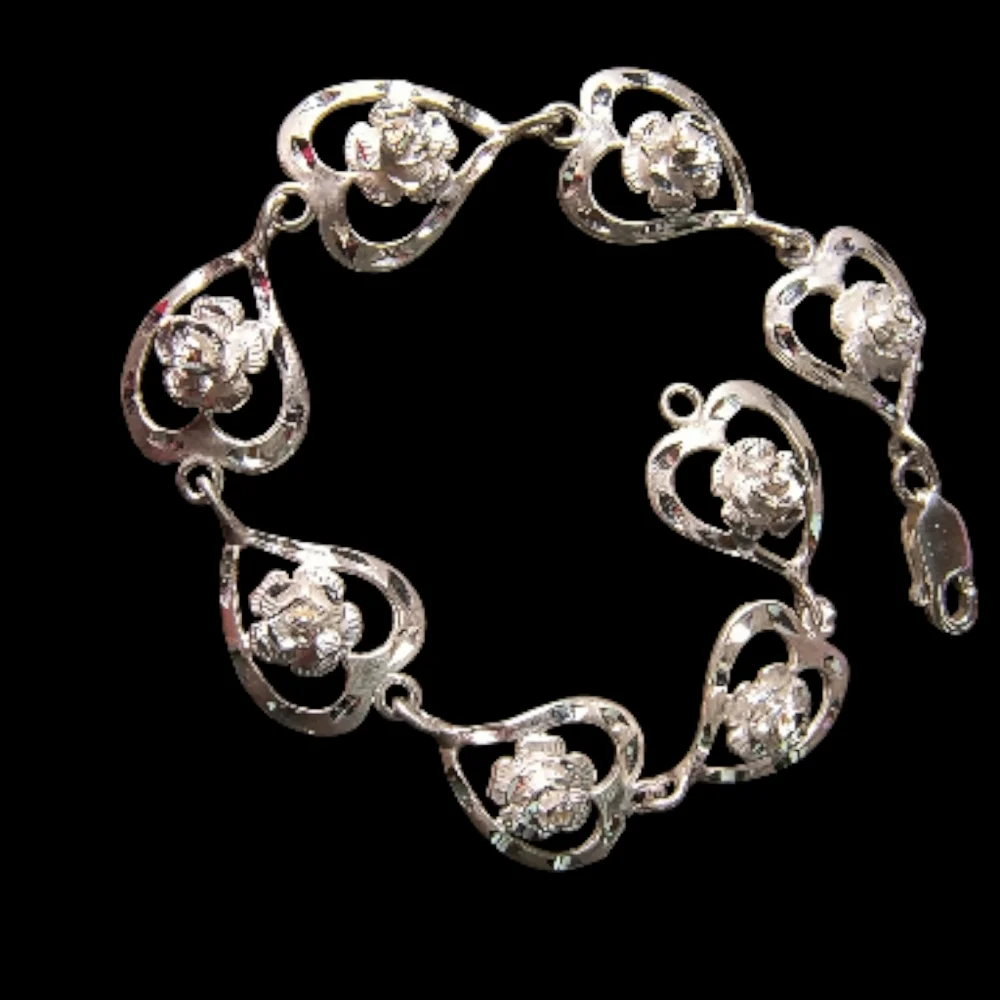 Vintage Diamond Cut Rose Heart Link Bracelet - Picture 2 of 10